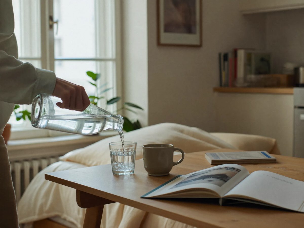 A calm morning routine with water in a bright home