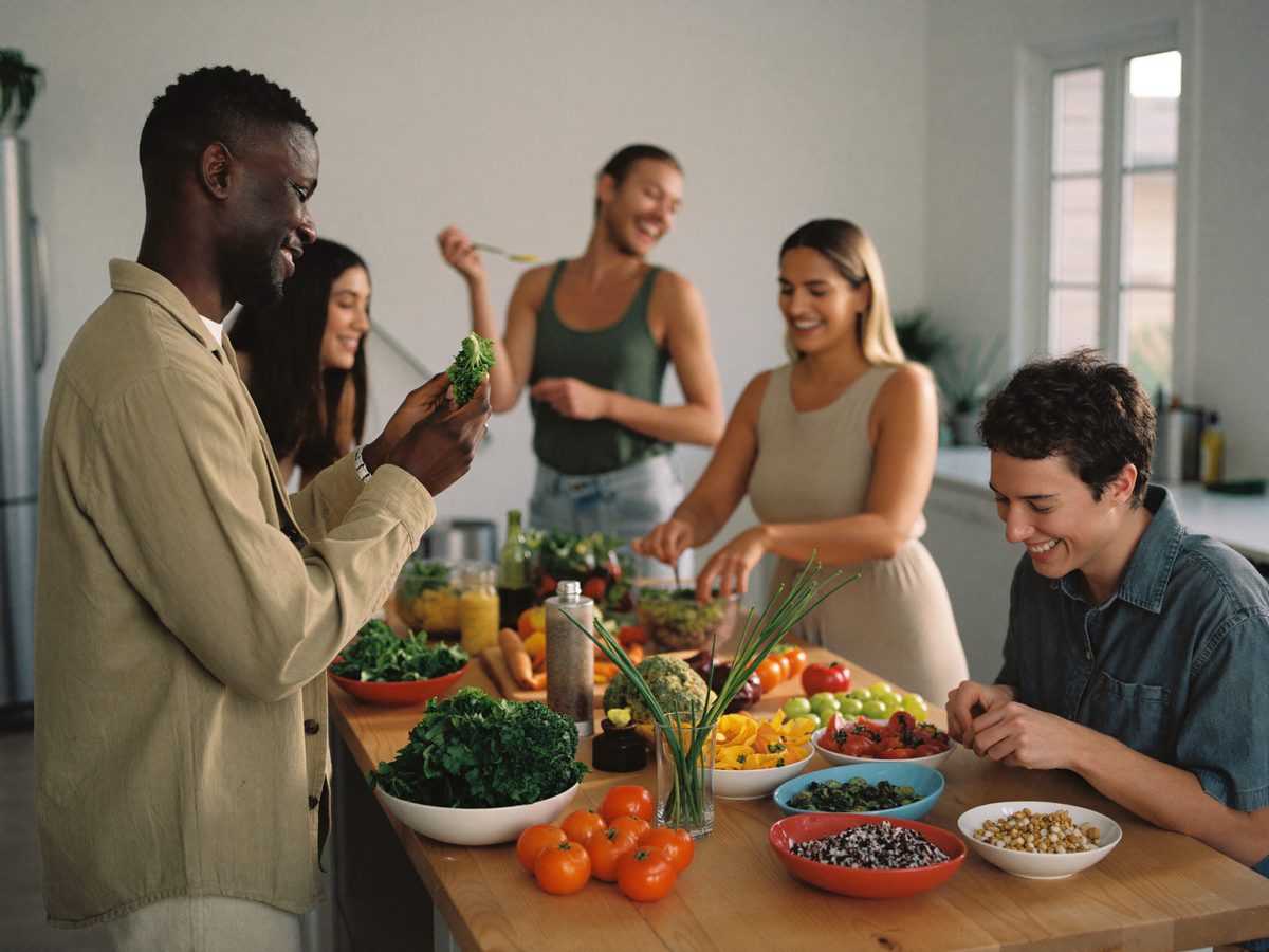 Friends preparing a healthy meal together in a sunlit kitchen